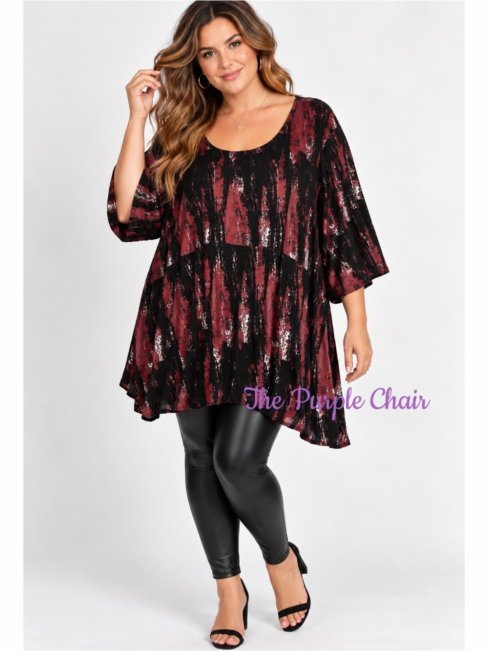 ELLOS NWT Printed 3/4 Sleeve High/Low Stretch Jersey Knit Henley Tunic 5X
